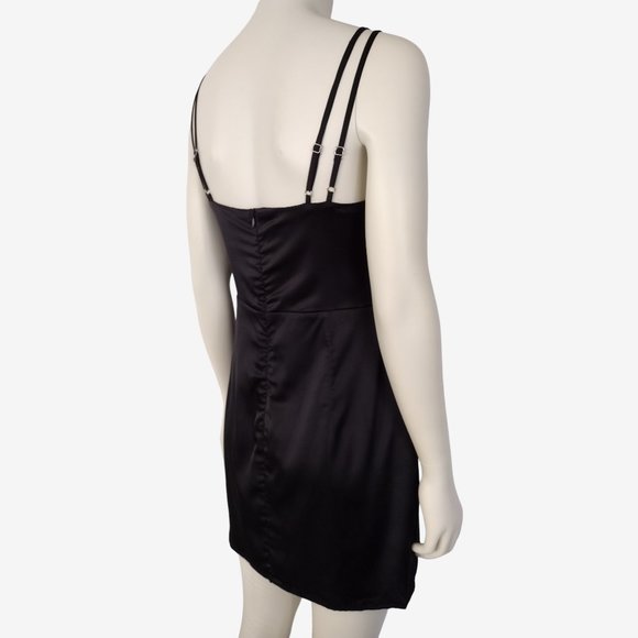 Forever 21 Black Silky Satin Strappy Cowl Neck Mini Sheath Dress Size L - Picture 7 of 12